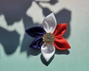 France fabric flower Pin badge brooch with rhinestones. French flag