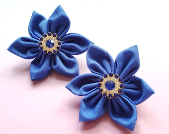 Full Dark Blue September Birthstone Sapphire flower fabric pin badge brooch
