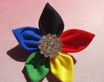 Olympic ring colours fabric flower Pin badge brooch with rhinestones.