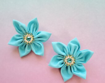 Full Light Blue March Birthstone Aquamarine flower fabric pin badge brooch
