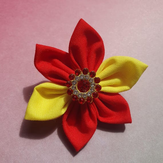 Spain Fabric Flower Pin Badge Brooch With Rhinestones. Spanish 
