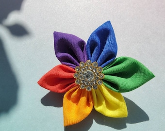 Rainbow multicolour flower fabric pin badge brooch