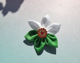 Welsh Fabric Flower Pin Badge Brooch with Rhinestones. Wales flag