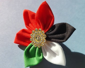 Palestine fabric flower Pin badge brooch with rhinestones. Palestinian flag