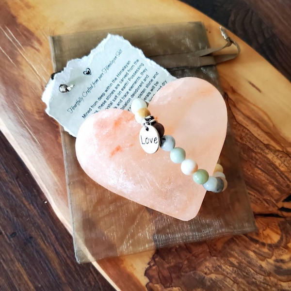 Himalayan Salt Heart Shaped Stone with Amazonian Bead Bracelet Heart Charm Set Symbolic Gift Set