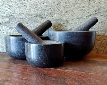 UNIQUE! VERSATILE! Black Granite Mortar and Pestle Molcajete Kit NEW Size