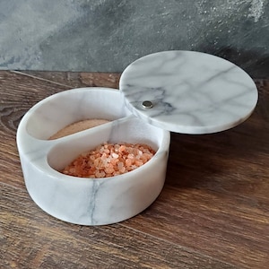 White Italian Marble Dual Chamber Salt Cellar swivel top with FREE 4 oz Himalayan Salt SHIPS FREE!