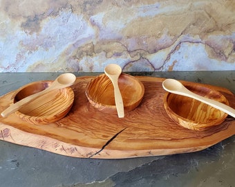 Olive Wood trio of Spice Bowls Dipping Bowls and Serving Tray set with FREE Salt and FREE SHIPPING