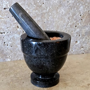 Classic Apothecary Black Coffee Brown Granite Stone Mortar and Pestle with Himalayan Salt  CBMP