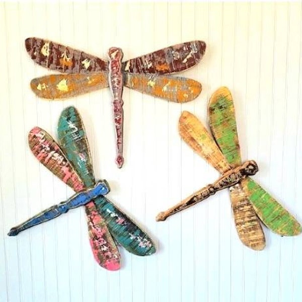 Reclaimed Rustic Wood Trio DRAGONFLY Wall Art Porch Art Set of 3