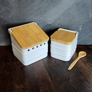 Matching Ceramic Kitchen Storage Set Salt Box Garlic Keeper FREE Bamboo Spoon FREE Himalayan Salt!
