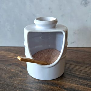 May include: White ceramic salt cellar with a rectangular body and a small, round opening at the top. The front has a large opening, revealing pink salt and a small wooden spoon. The design is simple and modern.