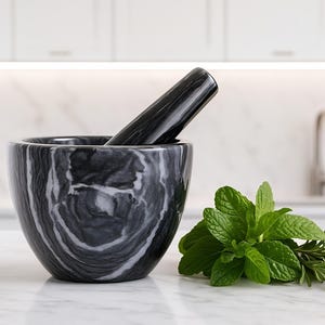 Rare! Black Gray Charcoal Marble Mortar and Pestle kit with free 4 oz Himalayan Salt and  Set MPR100 FREE PINCH POT!