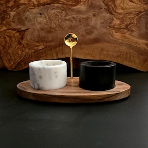 White Rainbow River and Black Marble Salt and Pepper Set Spice Jar Pinch Pots