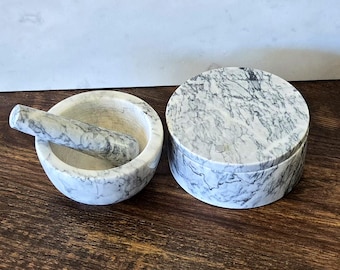 White Italian Marble Salt Cellar and Mortar and Pestle set with FREE Himalayan Salt and Ship FREE! Set MPSC03