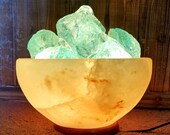 Himalayan Salt Bowl Lamp with Halite Crystals and turquoise slag glass FREE SHIPPING
