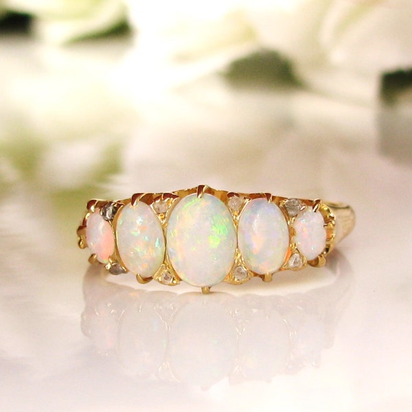 Antique Opal Engagement Ring 18Ct Gold Victorian Five Stone Opal & Diamond Accent Antique Wedding Band Dated 1900 October Birthstone Ring