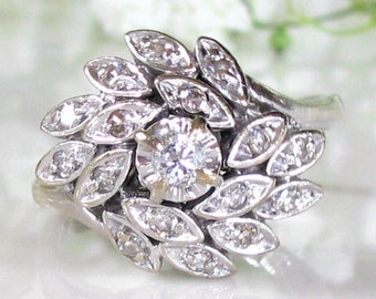 Vintage Diamond Ring Diamond Cluster Swirl Ring Vintage Engagement Ring 0.63ctw Diamond Wedding Ring 14K White Gold Diamond Anniversary Ring