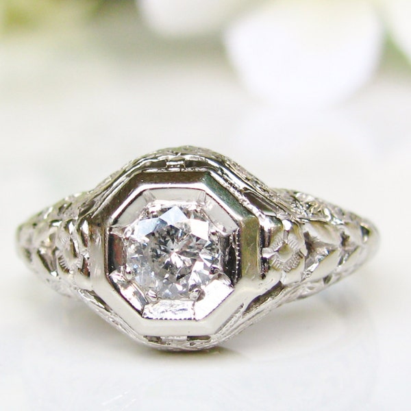 Filigree Engagement Ring 0.25ct Diamond Wedding Ring 14K White Gold Orange Blossom Motif Basket Weave Filigree Ring  Size 6