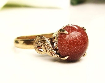 Antique Cabochon Goldstone Ring 14K Yellow Gold Crown & Foliate Setting Victorian Ring Unique Alternative Antique Engagement Ring