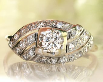 Antique Engagement Ring Set 0.91ctw Diamond Swirl Bridal Set 14K Two Tone Gold Antique Curved Diamond Wedding Ring Size 7