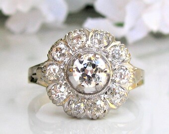 Antique 0.80ctw Diamond Halo Ring, Art Deco 14K White Gold