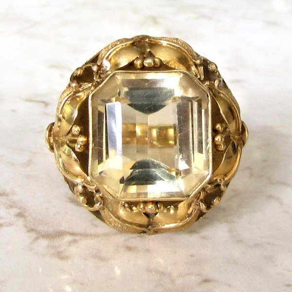 Vintage Light Yellow Citrine Ring Unique Alternative Engagement Ring 14K Gold Floral Motif Wedding Ring November Birthstone Ring