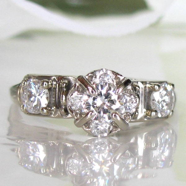 Vintage Diamond Halo Engagement Ring 0.74ctw Diamond Wedding Ring 14K White Gold Art Deco Ring Vintage Illusion Setting Bridal Jewelry Sz. 8