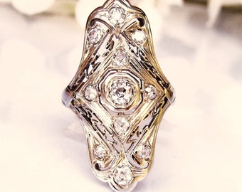 Antique Engagement Ring Old Mine Cut Diamond Navette Filigree Ring 0.86ctw Diamond Wedding Ring 18K White Gold Edwardian Engagement Ring