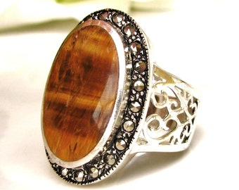 Vintage Tiger's Eye & Marcasite Ring Silver Scroll Filigree Ring Large Oval Bezel Set Tigers Eye Statement Ring Silver Jewelry