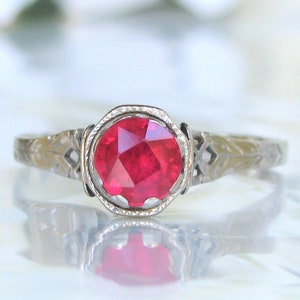 Antique Ruby Engagement Ring 0.65ct Synthetic Ruby Ring 10K White Gold Crown Setting Alternative Wedding Ring Size 7