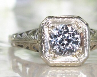 Antique Engagement Ring Old European Cut 0.50ct White Topaz Solitaire Antique Wedding Ring 18K White Gold Fleur de Lis Motif Engagement Ring