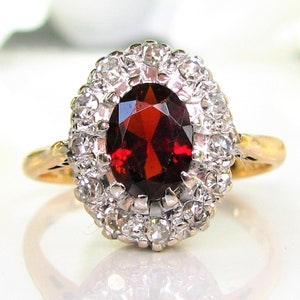 Vintage Garnet Diamond Halo Ring 1.21ct Garnet Alternative Engagement Ring 18K Two Tone Gold British Ring January Birthstone Ring
