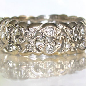 Antique Diamond Wedding Band 14K White Gold Scroll Filigree Edwardian Ring 0.92ctw Diamond Wide Wedding Ring Antique Diamond Eternity Ring image 2
