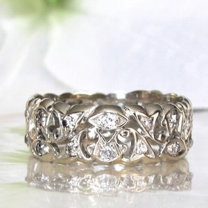 Antique Diamond Wedding Band 14K White Gold Scroll Filigree Edwardian Ring 0.92ctw Diamond Wide Wedding Ring Antique Diamond Eternity Ring image 3