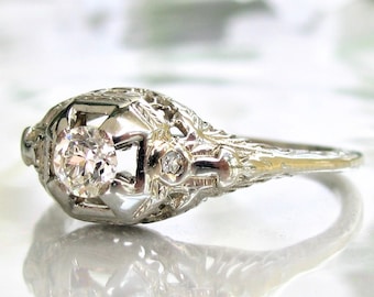 Antique Edwardian Engagement Ring Old European Cut Diamond 18K White Gold Filigree Ring 0.29ctw Diamond Wedding Ring