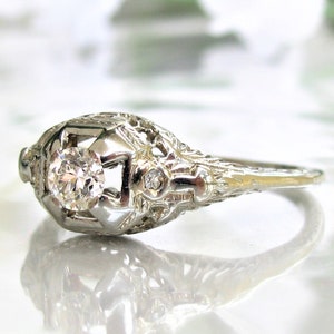 Antique Edwardian Engagement Ring Old European Cut Diamond 18K White Gold Filigree Ring 0.29ctw Diamond Wedding Ring