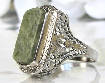 Vintage Emerald Cut Green Agate Ring Unique Alternative Engagement Ring 18K White Gold Filigree Orange Blossom Detailing Ring