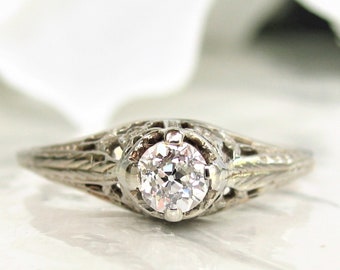 Antique Engagement Ring Old Mine Cut Diamond Orange Blossom Detail Ring 18K White Gold Filigree Edwardian Engagement Ring