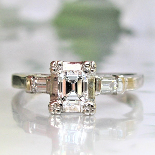 Art Deco Engagement Ring Emerald Cut Engagement Ring 0.58ctw Diamond Vintage Engagement Ring 14K White Gold Baguette Diamond Wedding Ring