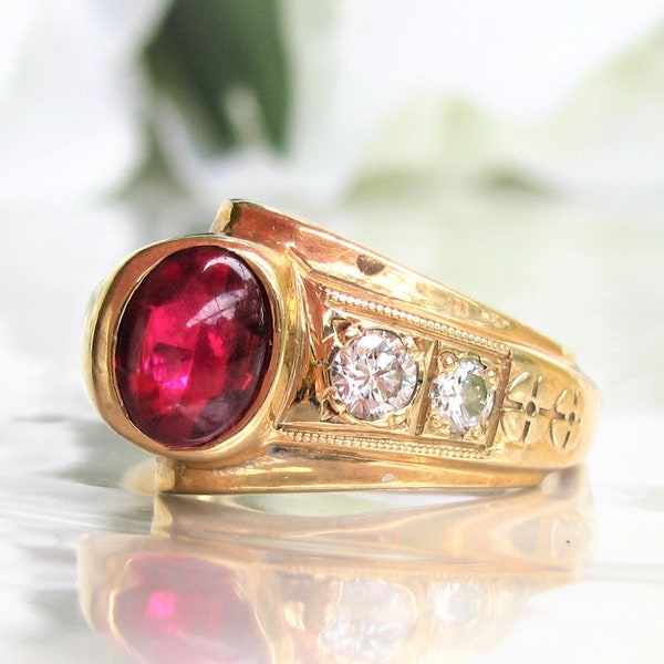 Vintage Diamond & Cabochon Ruby Ring Jostens Ring 10K Yellow Gold Men's Wedding Ring Unique Art Deco Style Diamond Unisex Ring