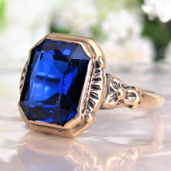 Vintage Emerald Cut Blue Spinel Ring Alternative Art Deco Engagement Ring Decorative Repousse' 10K Yellow Gold Something Blue Bridal Jewelry