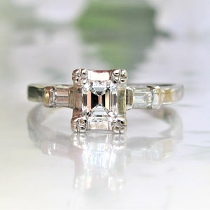 Art Deco Engagement Ring Emerald Cut Engagement Ring 0.58ctw Diamond Vintage Engagement Ring 14K White Gold Baguette Diamond Wedding Ring