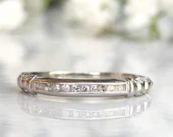 Platinum Diamond Wedding Ring Art Deco Thin Wedding Band Platinum Stacking Ring Diamond Anniversary Ring Vintage Bridal Jewelry Size 7!