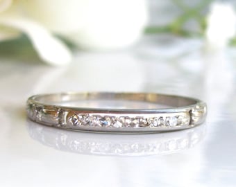 Platinum Diamond Wedding Ring Art Deco Thin Wedding Band Platinum Stacking Ring Diamond Anniversary Ring Vintage Bridal Jewelry