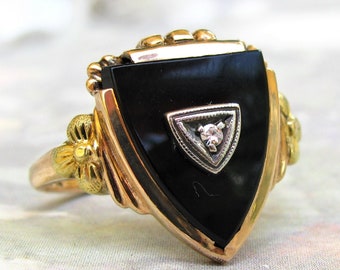 Unique Vintage Onyx Ring Diamond Accent Shield Ring 10K Gold Orange Blossom Motif Ring Unisex Black Goth Ring