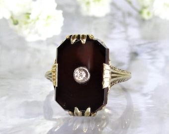 Antique Edwardian Onyx & Diamond Accent Ring Ornate Antique Engagement Ring 14K Yellow Gold Scroll Filigree Antique Wedding Ring Size 4!