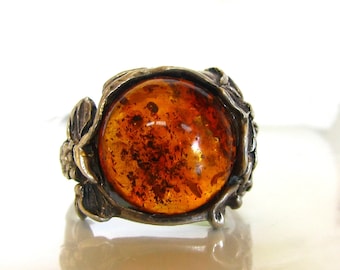 Vintage Baltic Amber Ring Vintage 925 Silver Jewelry Art Nouveau Style Ring Boho Hippie Unisex Ring