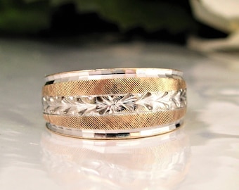cigarettes and wedding bands Vintage Keepsake Wedding Ring 14K Two Tone Gold Diamond Cut Wide Wedding Band Wheat Etched Cigar Band Gold Stacking Unisex Ring