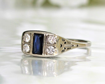 Art Deco Engagement Ring Antique Blue Sapphire & Diamond Wedding Ring 18K White Gold Filigree Antique Engagement Ring